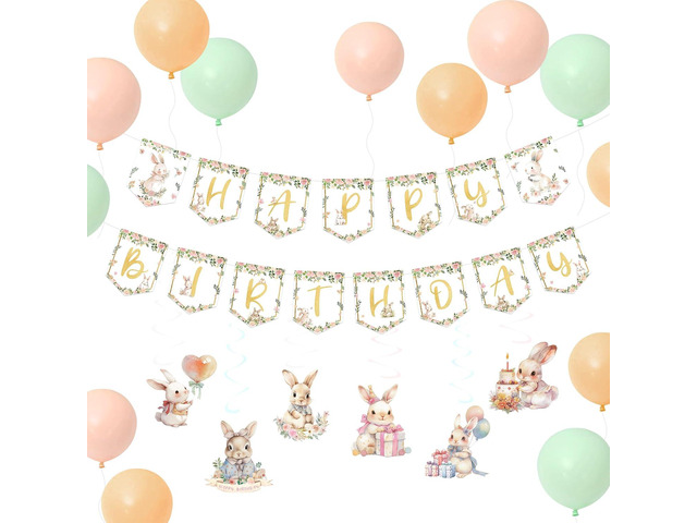 Bunny Birthday Decorations Kit, 36PCS Easter Bunny Party Supplies with Happy Birthday Banner, Hanging Swirls Ceiling Decoration and Balloons for...