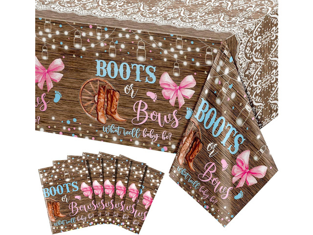 Lofaris 6 Pack Boots or Bows Gender Reveal Tablecloths, Bulk Rustic Gender Reveal Table Decorations, Western Cowboy Cowgirl Baby Shower Party...