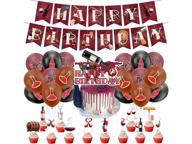 Red Wine Party Decorations Birthday Decorations Includes Red Wine Happy Birthday Banner Cake Topper Cupcake Toppers Balloons for Wine Party...