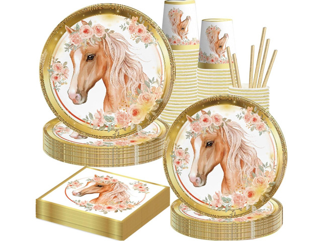 Horse Birthday Party Supplies, Horse Party Tableware Complete Pack Horse Party Plates and Napkins Including Gold Horse Party Plates,Cups,...