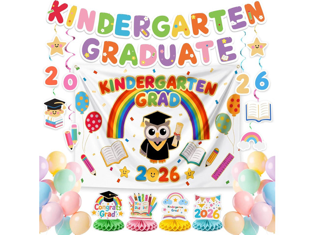 PartyWoo Graduation Decorations 2026 Kindergarten Rainbow 40pcs Grad Party Supplies with Congrats Grad Colorful Backdrop Banner Hanging Swirls...