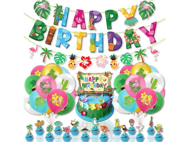 Hawaiian Birthday Party Decorations for Girls Boys Flamingo Pineapples Cactus Happy Birthday Banner Balloons Cake Cupcake Toppers for Summer Luau...