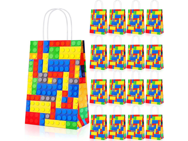 Diomelu 24Pcs Building Block Party Favor Bags,Color Bricks Treat Candy Bags,Blocks Theme Party Gift Bags with Handles,Building Blocks Party Bag for...