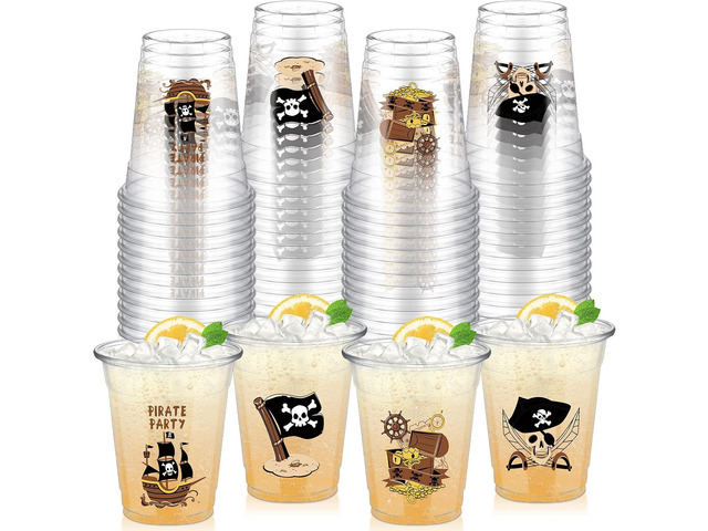 Yaomiao 50 Pieces Pirate Cups Bulk 12 oz Disposable Clear Plastic Drinking Beverage Cups for Pirate Birthday Halloween Western Theme Party...