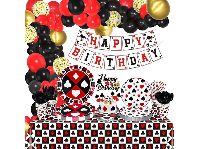 229Pcs Casino Birthday Decorations - Including Poker Plates, Napkins, Cups, Balloons, Birthday Banner, Cake Topper and Tablecloth for Poker Casino...