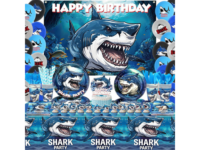 Shark Birthday Party Decoration - Shark Party Favors, Plates Cups Napkins Tablecloth Cutlery Happy Birthday Backdrop Balloons Arch Cake Toppers for...