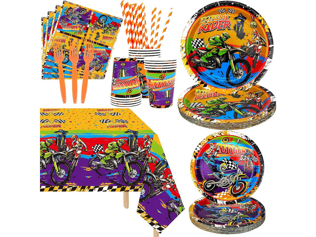 Dirt Bike Party Supplies, Includes Plate, Napkin, Cups, Forks, Tablecloth, for Kids Boys Girls Motorcycle Extreme Sports Birthday Decorations,...