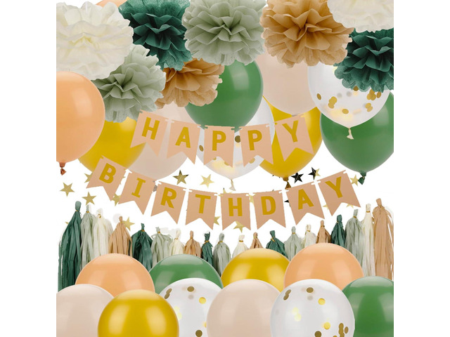 Sage Green Birthday Decorations for Women, Olive Green Nude Gold Retro Birthday Party Supplies, Neutral Greenery Rustic DÃ©cor Kit with Balloons...