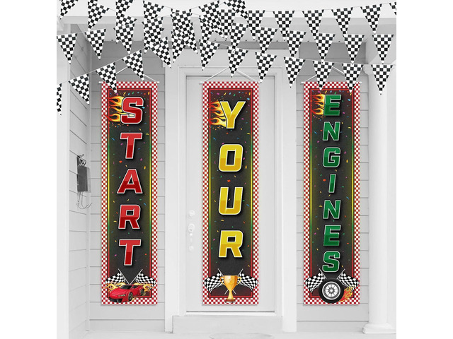 Oudain Racing Car Party Decorations 3 Racing Fans Banners 32. 8 ft Black and White Checkered Pennant Flag Banner, Hanging Race Car Birthday Party...