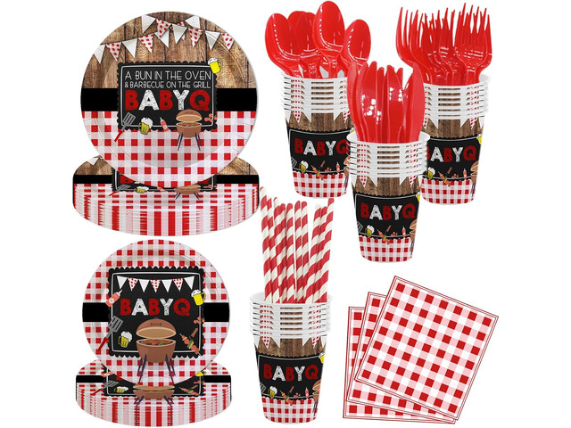 MEHOFOND Baby Q Baby Shower Party Supplies Set 192PCS, BBQ Baby Shower Plates Napkins Cups Cutlery, Rustic Red White Barbecue Tableware for 24...