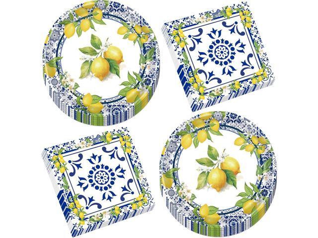 Rakuto Lemon Plates Napkins Decorations - 50 Pcs Blue Tiles Yellow Lemon Paper and Plates Party Decorations, Disposable Summer Fruit Set Supplies.