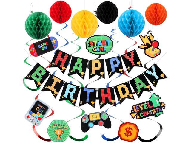 YEOCU Video Game Birthday Decorations, NO DIY, Pre-Strung Gaming Happy Birthday Banner with Honeycomb Balls, Hanging Swirl, Video Game Theme Party...