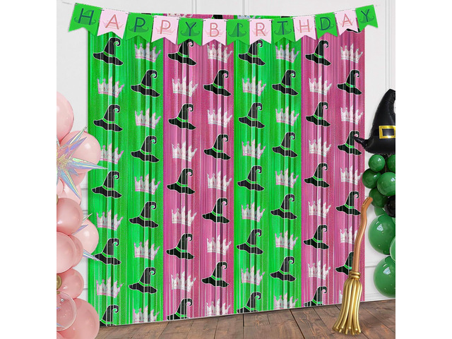 4 Pack Witch Foil Fringe Curtains Birthday Decorations, 3.2x6.6ft Green and Pink Tinsel Door Streamers Backdrop Christmas Witch Themed Birthday...