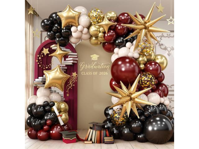 Black Burgundy Gold Balloons Arch Kit Maroon Red Burgundy Black Sand White Metallic Gold Confetti Balloons Explosion Star Balloon for Graduation...
