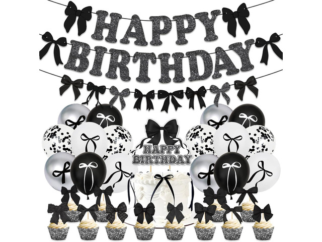 Black Bow Birthday Party Kit Decoration Bow Happy Birthday Banner Confetti Balloon Latex Balloon Bow Cake Toppers Bow Theme Party Birthday Party...