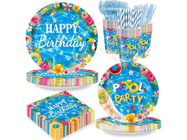 168PCS Pool Party Supplies Set Summer Themed Plates Cups Napkins Cutlery for 24 Guests Waterproof Blue Birthday Party Decorations for Kids