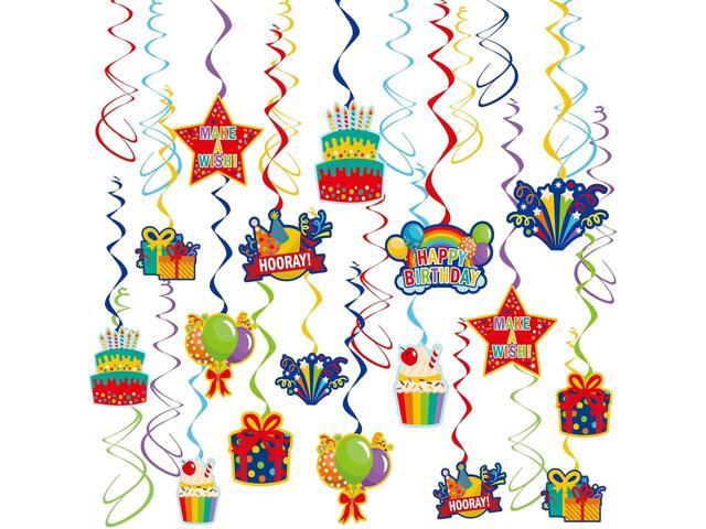 HonuGoGo Colorful Birthday Hanging Swirl Decorations, 36ct Paper Ceiling Decor Set with Cutouts of Cakes, Gifts, Balloons & Stars, Vibrant Paper.