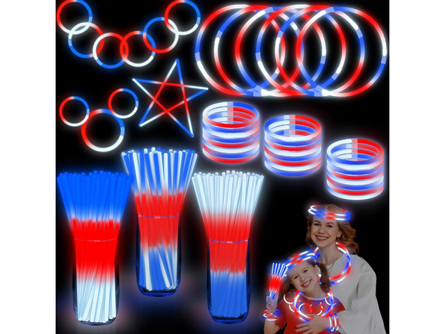 100 Pcs Glow Sticks 4th of July Party Favors,3 in 1 Neon Party Glow Bracelets and Necklaces Patriotic Red White Blue Glow Stick with Connectors for...