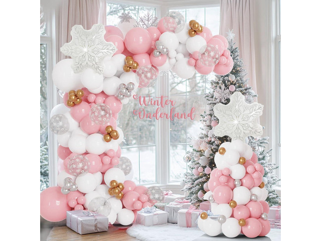 Pink And White Winter Wonderland Princess Balloon Arch 137pcs Snowflake Balloons for Pink Winter Onederland First Birthday Christmas Girl Baby...