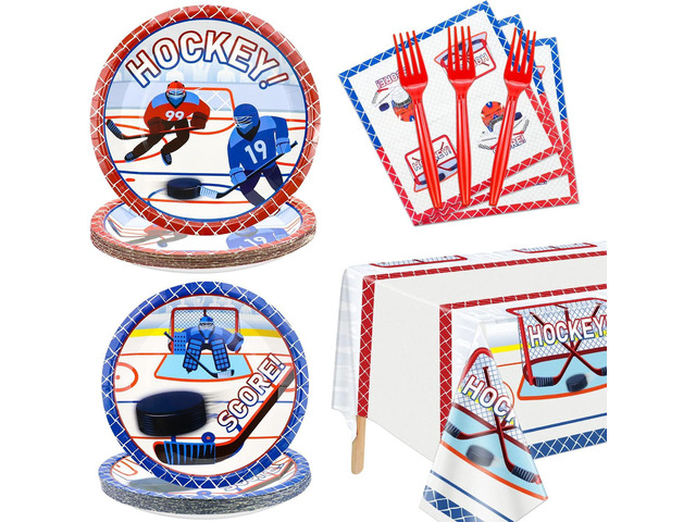 Hockey Party Supplies Serve 20 - 81Pcs Plates Napkins Tablecloth Forks Set for Kid's Fans Birthday Gameday Hockey Theme Party Decorations