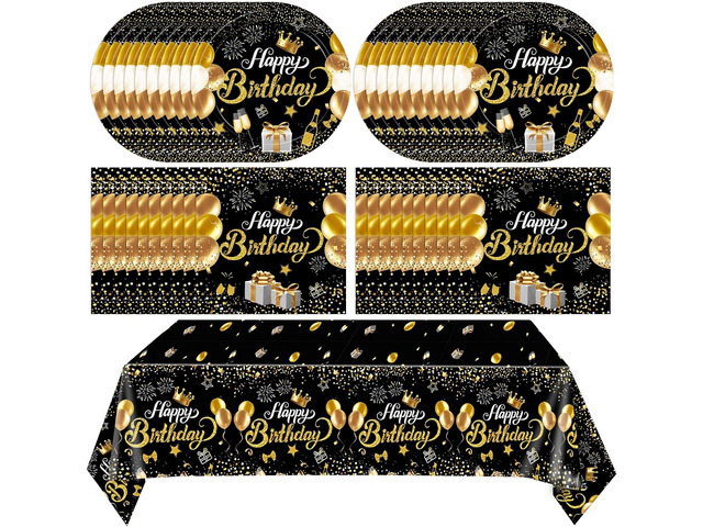 Black and Gold Party Decorations,41Pcs Happy Birthday Plates and Napkins Set Include Black Gold Paper Plates,Napkins,Tablecloth,for Men Women Happy...