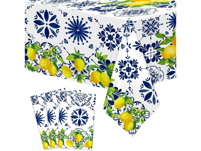 Nefelibata 3Pcs Capri Lemon Tablecloth Birthday Party Decorations Disposable Blue Tile Plastic Table Covers Lemon Decor for Baby Shower Summer...