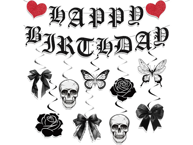 11pcs Gothic Birthday Party Decorations Banner Skull Black Bow Birthday Banner Decorations Hanging Swirls for Death wo My Twenties Rip to My 20s...