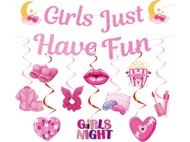 Slumber Party Decorations for Girls - 12 Pcs Spa Pajama Party Decorations for Adults, Sleepover Pink Party Supplies, Girls Just Have Fun Night...