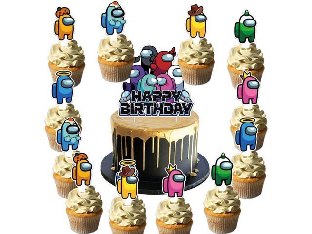 25Pcs Among Game Birthday Party Supplies Pack Includes 1 Cake Topper 24 Cupcake Toppers for Among Game Party Supplies