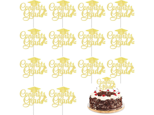 12 Pack Glitter Congrats Grad Cake Toppers, 6.2x4.6 Inches Glittery Graduation Cap Food Picks, Large High School College Graduation Theme Desserts...