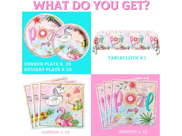 Pool Birthday Party Supplies - 61Pcs Pool Plate and Napkin Tablecloth Summer Pool Flamingo Theme Table Decoration for Summer Birthday,Beach Party