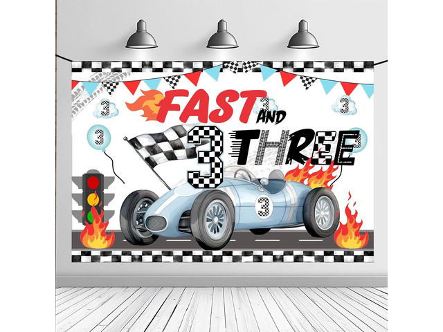 Race Car Themed 3rd Birthday Backdrop Banner Racing Themed 3rd Bday Party Supplies Decorations Fast & Three Race Car Birthday Banner Decor