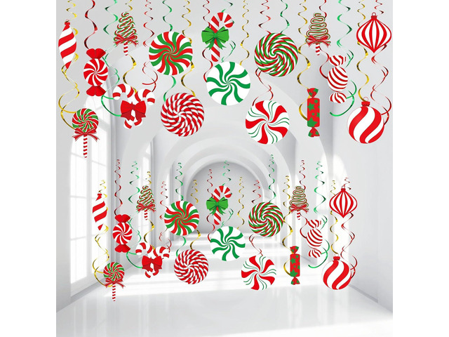 Dianelhall 68 Pcs Christmas Hanging Swirl Decorations Xmas Perppermint Ceiling Hanging Swirls Christmas Candy Ceiling Wall Spiral Streamers for...