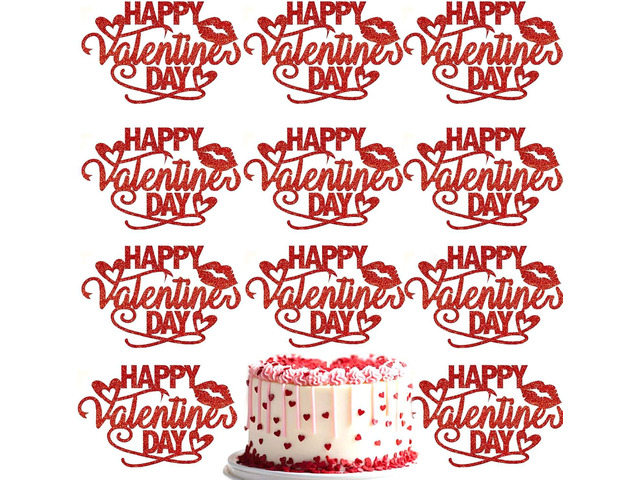 Valentine's Day Cake Toppers, 10PCS Red Glitter Hearts Cupcake Toppers Happy Valentine's Day Topper for DIY Cake Dessert Decor, Valentine Party...
