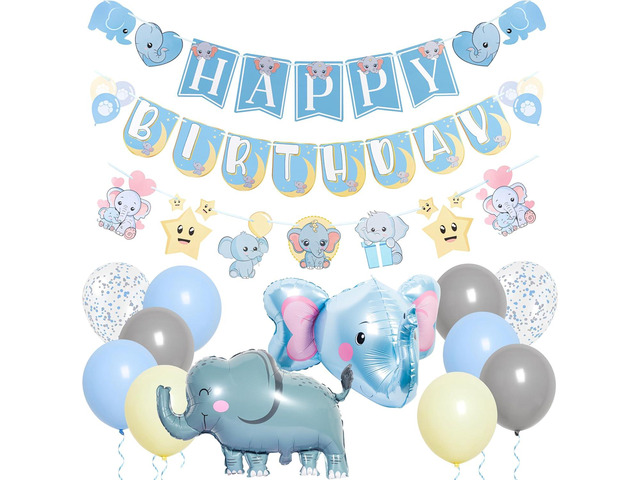 Pirese Elephant Birthday Banner Kit, Baby Elephant Party Decorations with Balloons, Cute First Birthday Decor for Boys or Girls, Jungle Safari Baby...