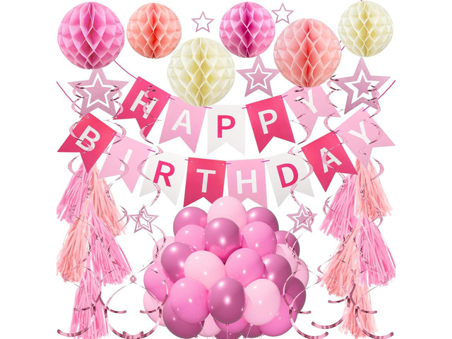 Pink Birthday Decorations - Happy Birthday Banner Garland Party Supplies with Honeycomb Ball, Tassel, Hanging Swirl Streamer, Balloon Rosa Party...