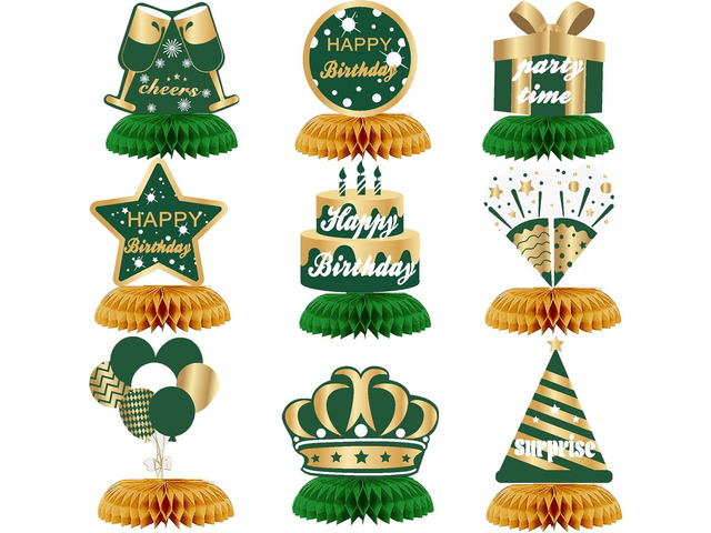 9PCS Green Gold Birthday Decorations Honeycomb Centerpieces for Women Men Green Gold Happy Birthday Table Centerpieces Party Supplies 16th 21st...