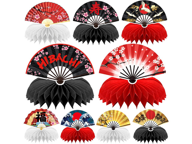 9Pcs Hibachi Honeycomb Centerpieces Hibachi Party Decorations Japanese Asian Paper Fans Sushi Table Decorations with Crane Blossom Fuji Wave...