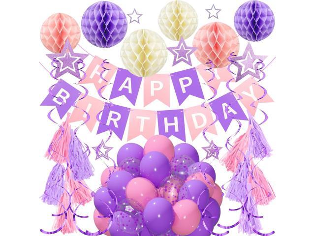 Pink Purple Birthday Decorations - Happy Birthday Banner Garland Party Supplies with Honeycomb Ball, Tassel, Hanging Swirl Streamer, Balloon.