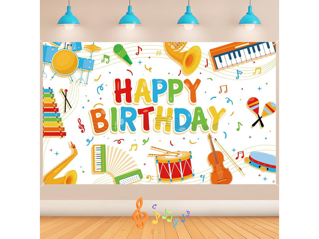 Music Note Banner Decorations for Kids - Happy Birthday Musical Instrument Themed Rock and Roll Party Backdrop for Boys and Girls Karaoke Party...