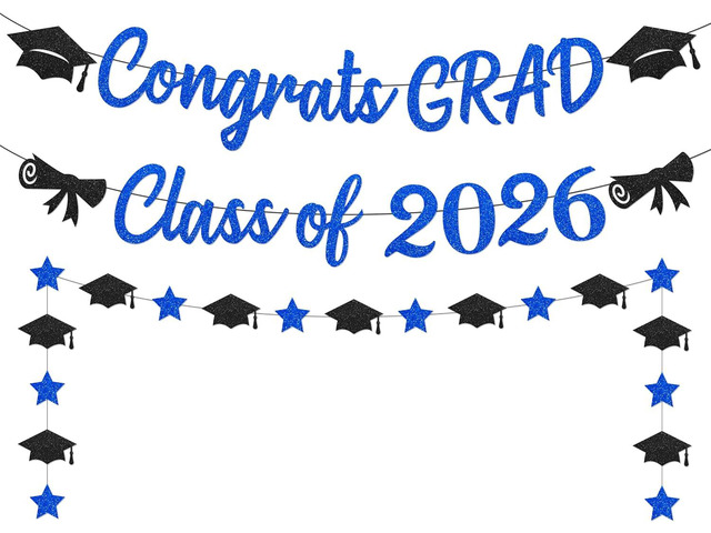 Blue Graduation Decorations 2026,Glitter Black and Blue Congrats Grad Banner,Class of 2026 Banner and Graduation Caps Garland,Pre-Strung Graduation...