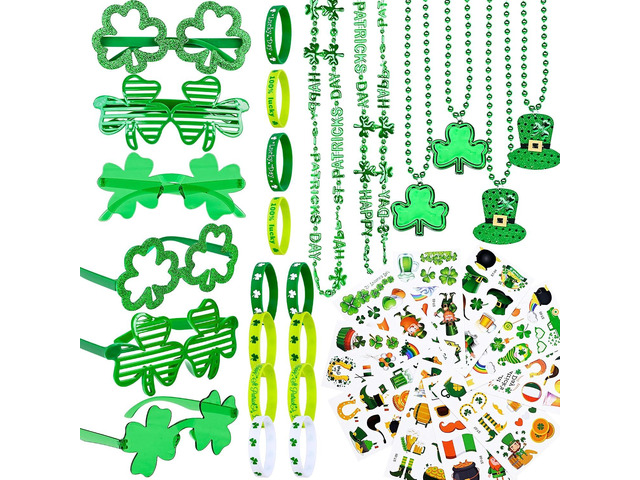 124Pcs St. Patrick's Day Accessories Party Favor Set, St Patricks Day Shamrock Glasses, Green Bead Necklaces, Rubber Bracelets & Temporary Tattoos,...