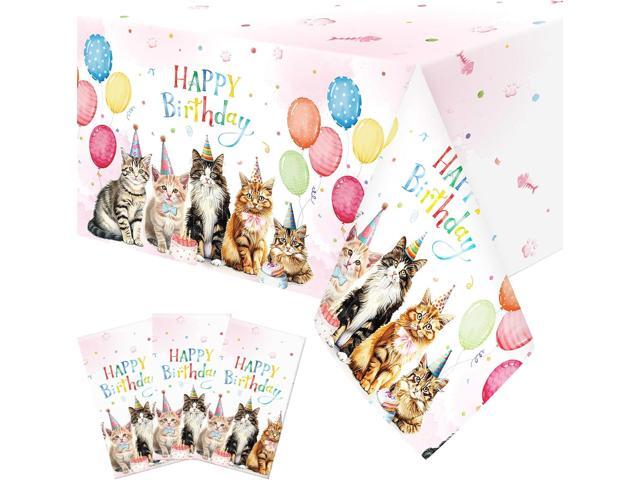 Oudain 3 Pcs Cat Tablecloth for Birthday Party 54 x 108inch Cat Birthday Decorations Paw Print Plastic Table Cover Kitty Disposable Table Cloth for.