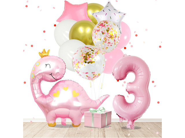 Pink Dinosaur 3rd Birthday Party Decorations for Girls, 12 Pcs Dinosaur Birthday Balloons, Dino Balloon and 40 Inch Number 3 for Dino Party...