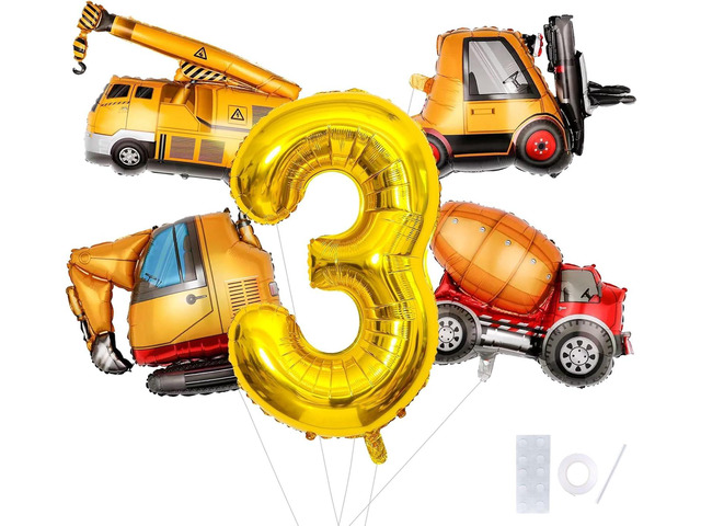HXOUSE 5Pcs Extra Large Construction Trucks Balloon Set for 3rd Birthday Decorations - Construction Themed Balloons & 40' Gold Numeral Aluminum...