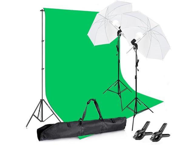 Photography Background Stand Support System with Muslin Backdrop (Chromakey Green Screen kit) 85W 5500K LED Bulb with Umbrella Lighting Kit for.