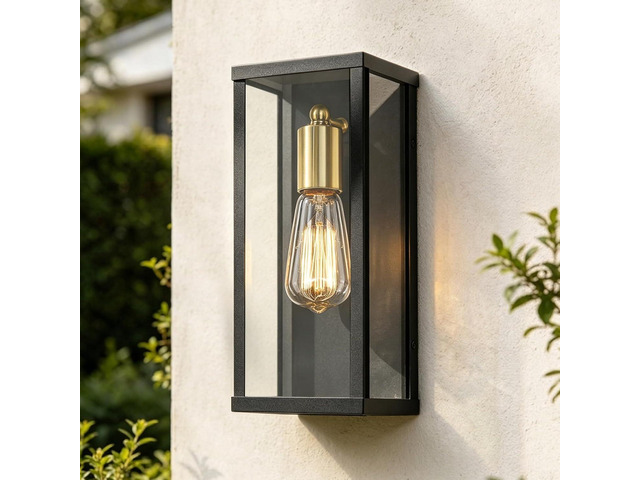 AKEZON Outdoor Wall Light Fixture, Matte Black & Brass Exterior Wall Light with Glass Shades, Anti-Rust Porch Lighting Sconce E26 Hardwired Modern...