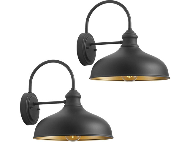 12in Outdoor Farmhouse Barn Lighting Black Exterior Goose Neck Wall Mount Lights with Brass Interior, Farmhouse Style Outside Porch Sconce 2 Pack...