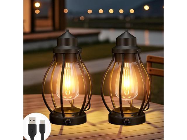pearlstar 2Pack Rechargeable Camping Lanterns Battery Operated Hanging Lamps Outdoor Indoor, USB-C Charge/6h Timer, Dimming Edison Bulb Light.