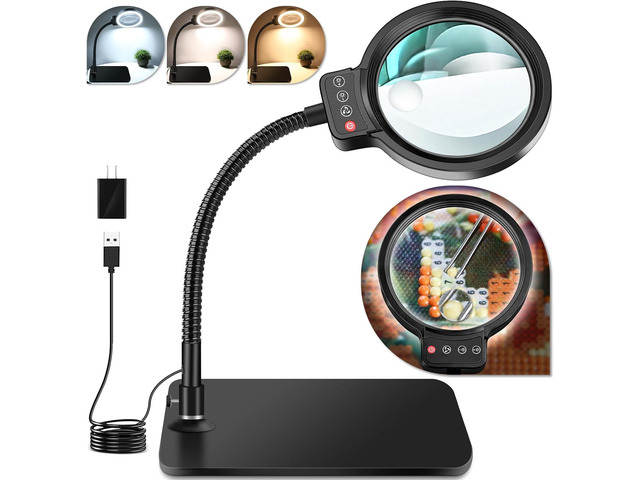30X 10X Magnifying Glass with Light and Stand, 72 LED 3 Color Modes Stepless Dimmable, Hands Free Lighted Magnifier Desk Lamp for Close Work Craft...